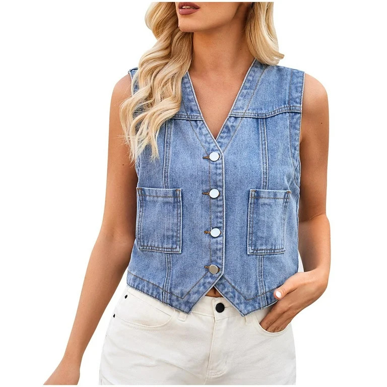 Diufon Denim Vest for Women Sleeveless Button Down Jackets V Neck Solid Color Tanks with Pockets | Walmart (US)