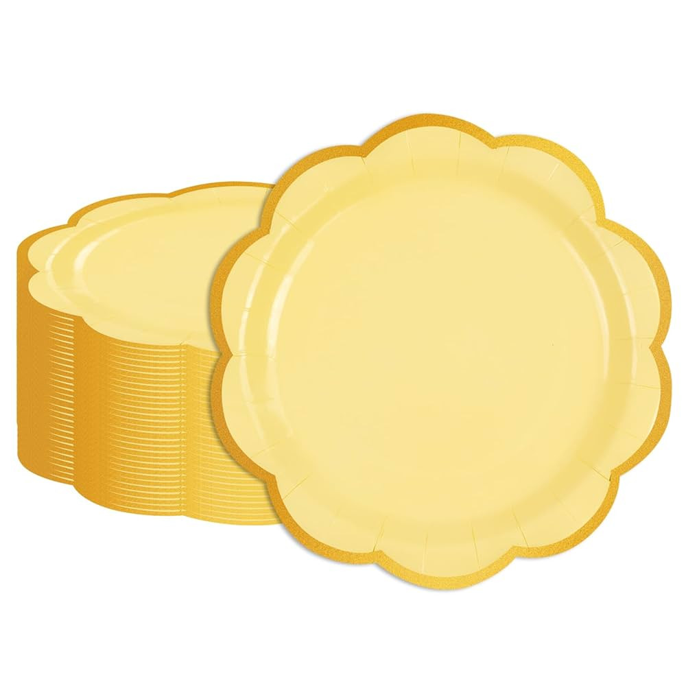 50 Pcs Yellow Scalloped Paper Plates,7 Inches Gold Foil Disposable Paper Party Plates for Cake De... | Amazon (US)