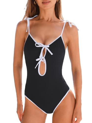 CUPSHE Women's One Piece Swimsuit Scoop Neck Front Keyholes with Tie Accents Adjustable Tied Strap Bathing Suit, S Black/White | Amazon (US)