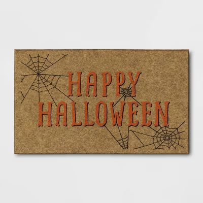 1'6"x2'6" 'Happy Halloween' Faux Coir Doormat with Spiderwebs Orange/Black - Hyde & EEK! Boutique... | Target