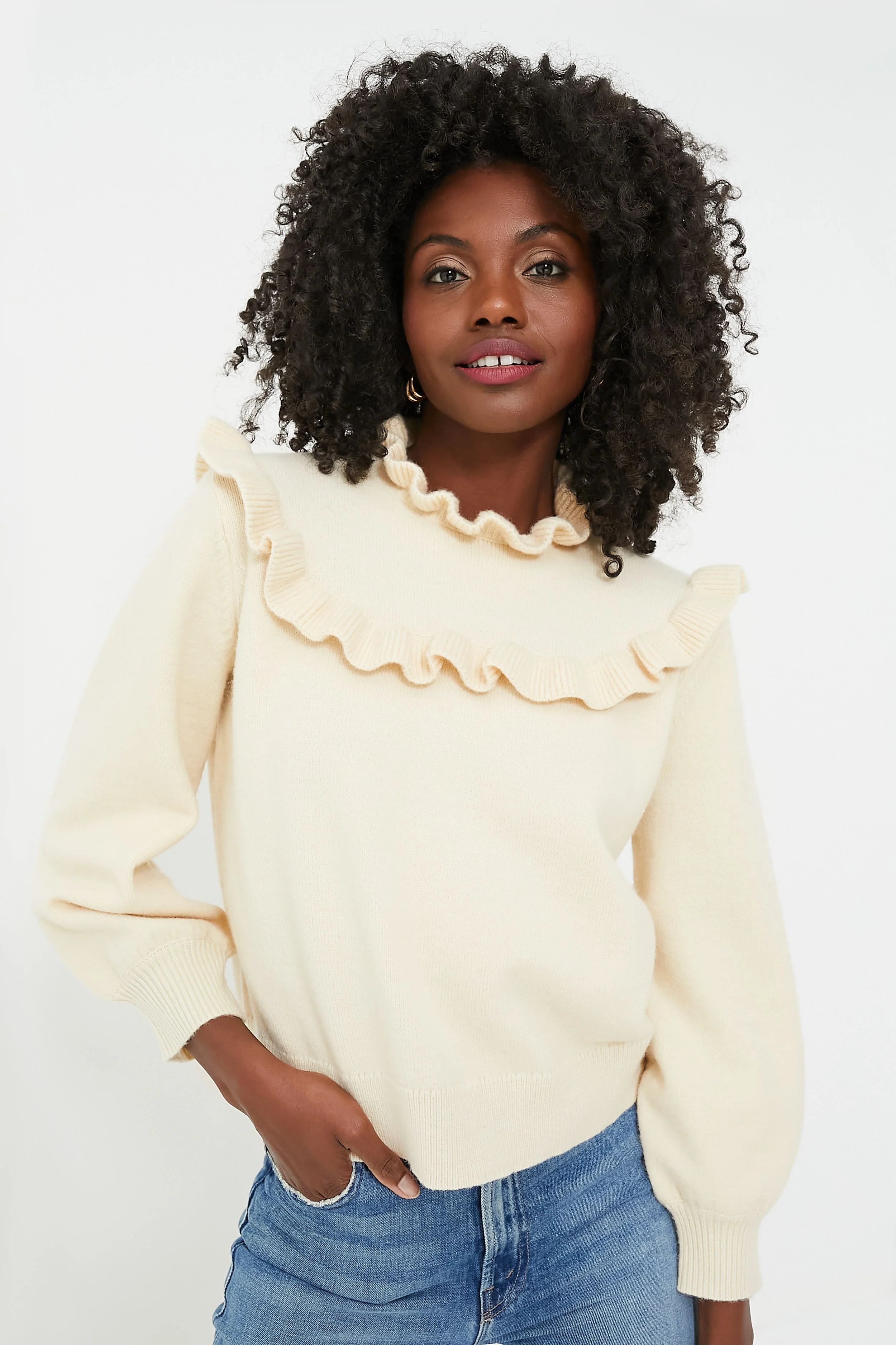 Cream Ruffle Ramona Sweater | Tuckernuck (US)
