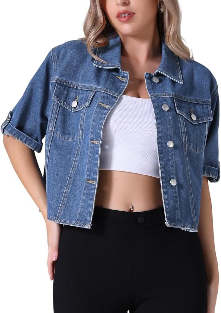 Womens Summer Short Sleeve Denim Jackets Collared Button Up Cropped Jean Jacket | Amazon (US)