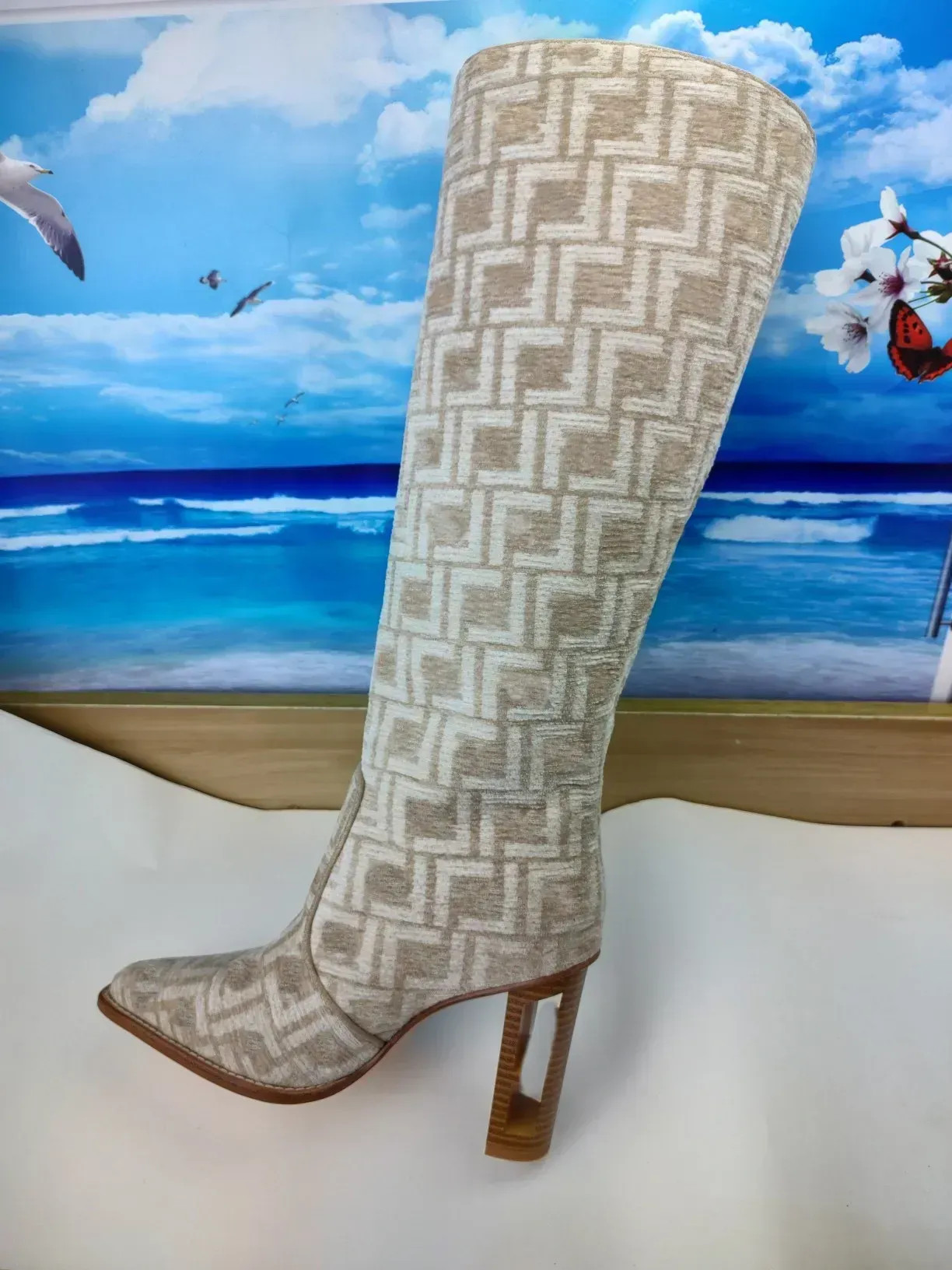 2023 High-heeled chenile boots Baguette women's boot square toe with blue and black jacquard moti... | DHGate