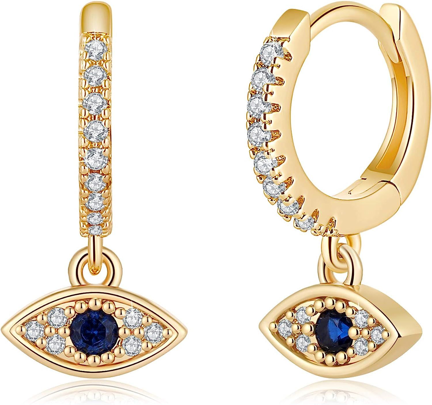 Dainty Huggie Hoop Earrings for Women, S925 Sterling Silver Post 14K Gold Plated Evil Eye Lightning  | Amazon (US)