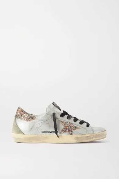 Golden Goose - Superstar Distressed Glittered Metallic Leather Sneakers - Silver | NET-A-PORTER (US)