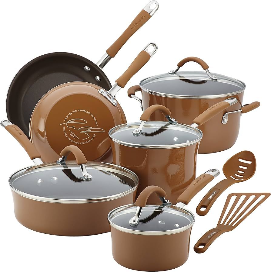 Rachael Ray Cucina Nonstick Cookware Pots and Pans Set, 12 Piece, Mushroom Brown | Amazon (US)