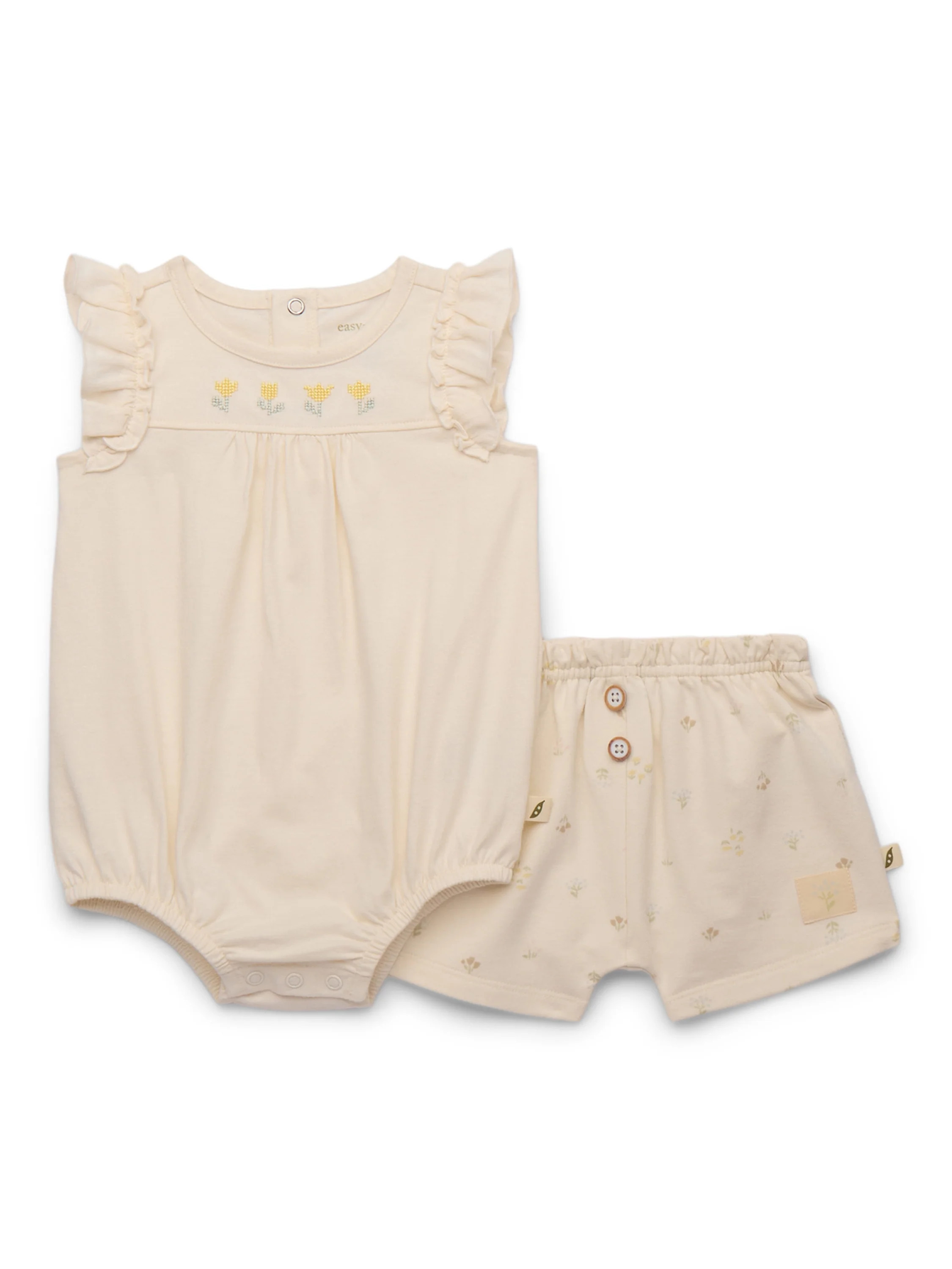 easy-peasy Baby Girls Organic Cotton Ruffle Bodysuit with Embroidered Yoke & Shorts Set, 2-Piece,... | Walmart (US)