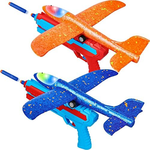 2 Pack Airplane Toys with Launcher, 2 Flight Modes LED Foam Glider Catapult Plane Toy, Outdoor Flyin | Amazon (US)