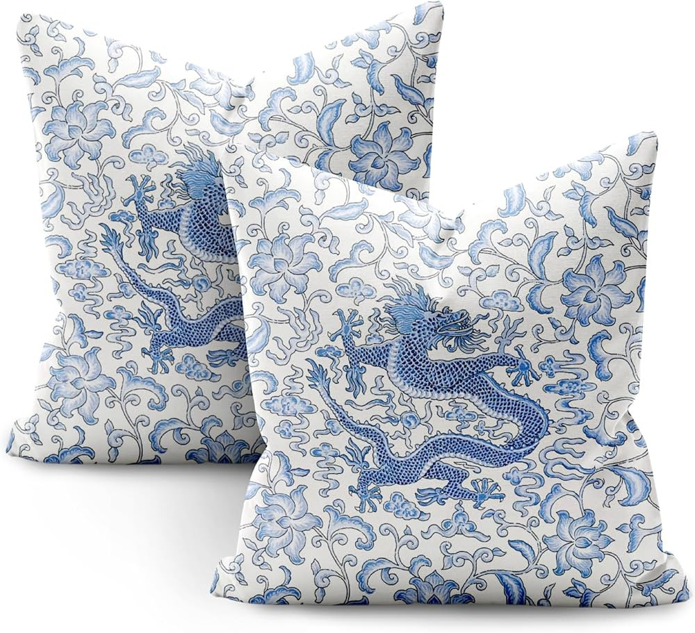 SMF Chinoiserie Pillow Covers 18x18 Set of 2 Chinoiserie Dragon Linen Throw Pillows Chinoiserie D... | Amazon (US)