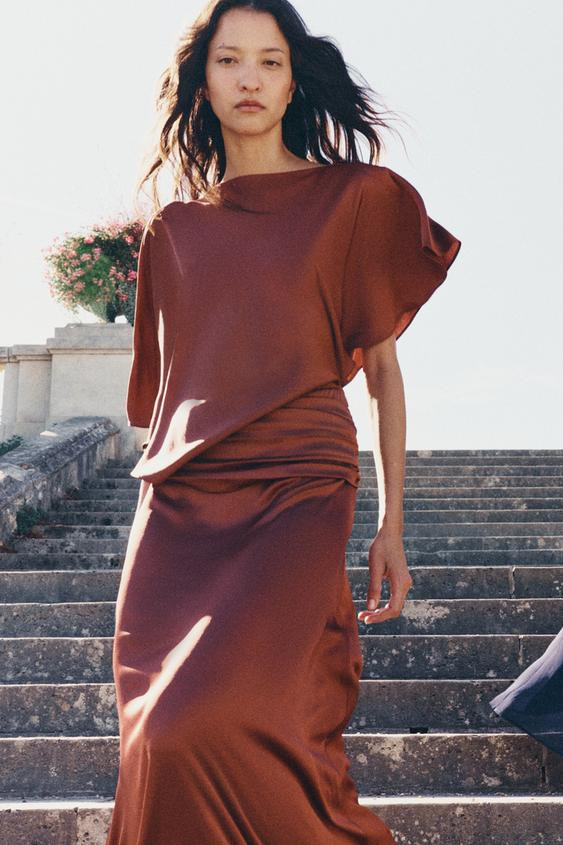 Zara - Satin Long Dress Zw Collection - Dark Pink - Xs - Woman | Zara US