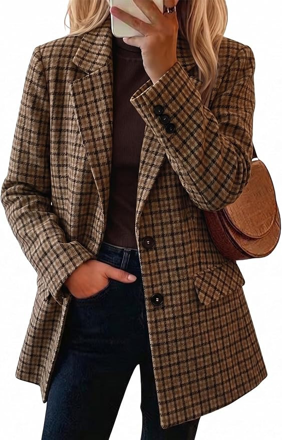 Mina Self Fall Womens Plaid Blazer Wool Houndstooth Jacket Business Casual | Amazon (US)