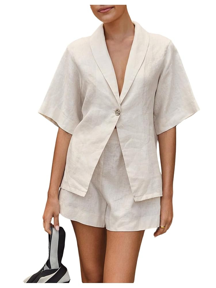 Milumia Women's 2 Piece Outfit Button Front Collared V Neck Short Sleeve Shirt Shorts Sets | Amazon (US)
