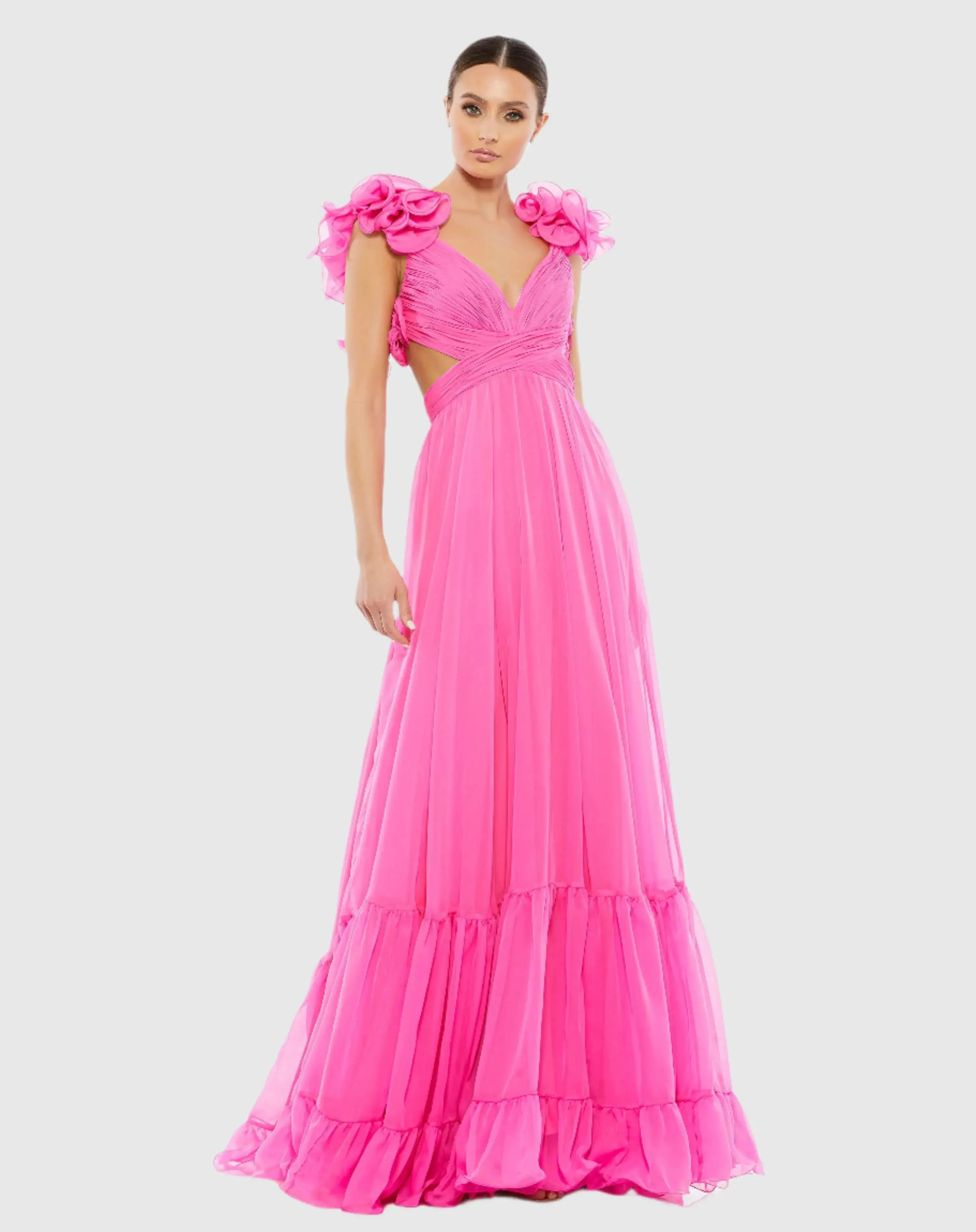 Dark Pink Ruffle Tiered Cut-Out Chiffon Gown | Mac Duggal | Mac Duggal