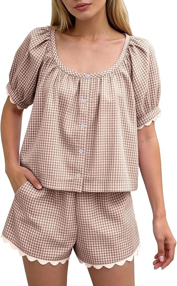 Womens Gingham Two Piece Sets Summer Short Set Outfit Cotton Puff Sleeve Crop Top Plaid Bottom Ma... | Amazon (US)