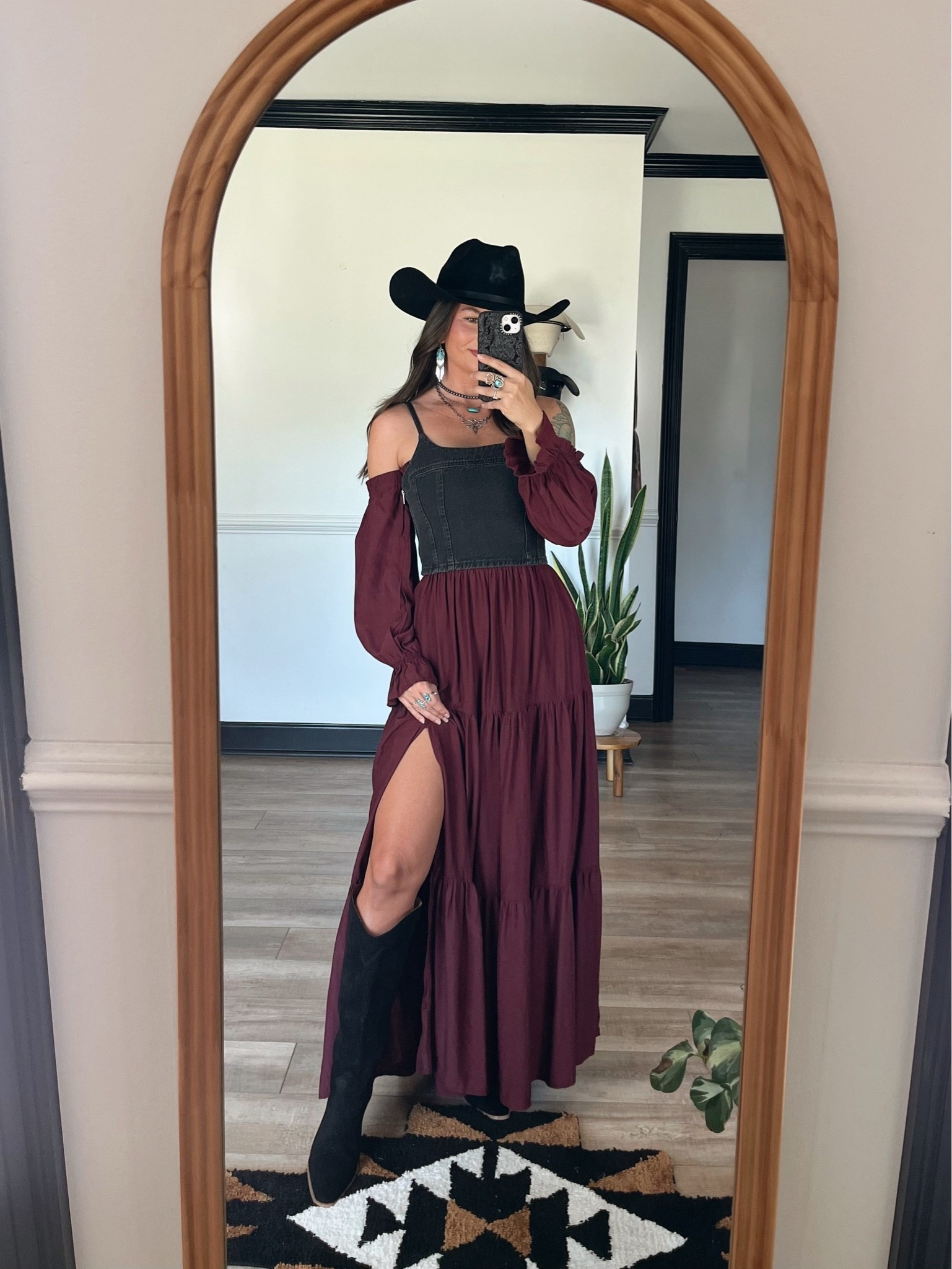 Witchy western look! Tagged the exact color to my maxi dress. Wearing xs in all. Code 15LORI to save on hat & code LORILYNN35 to save on boots