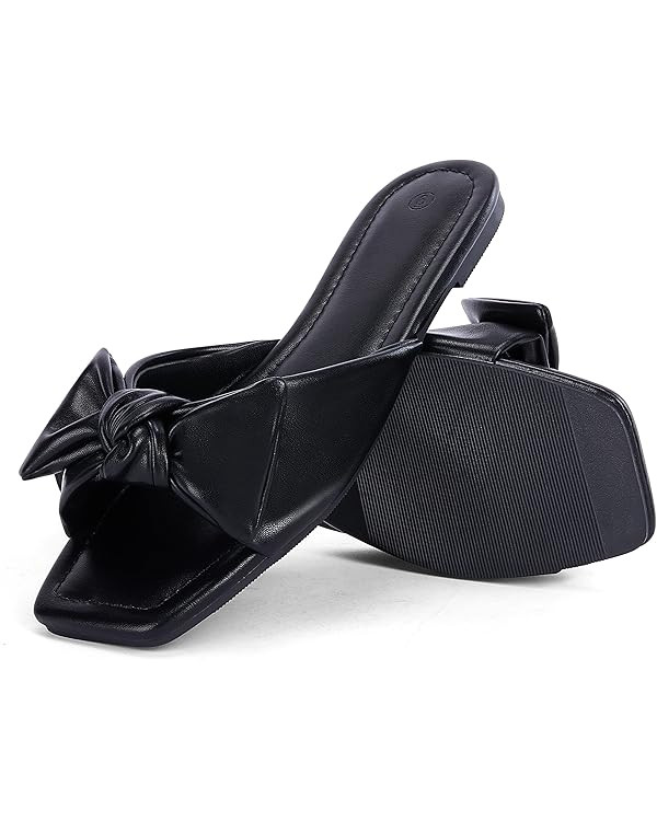 Coutgo Womens Bow Tie Square Open Toe Flat Sandals Summer Slide Shoes | Amazon (US)