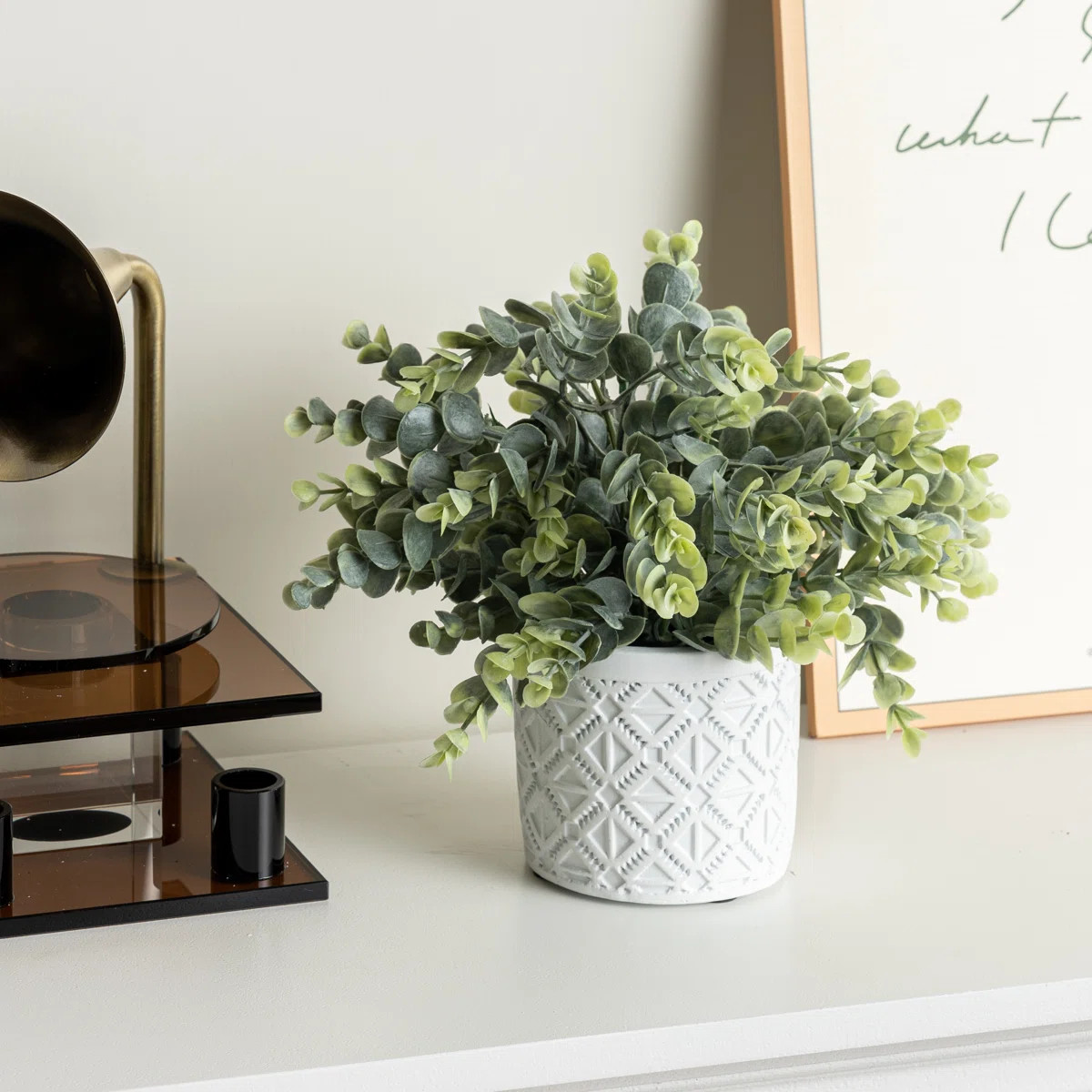 Faux Eucalyptus Boxwood Plant in White Cement Pot | Wayfair North America