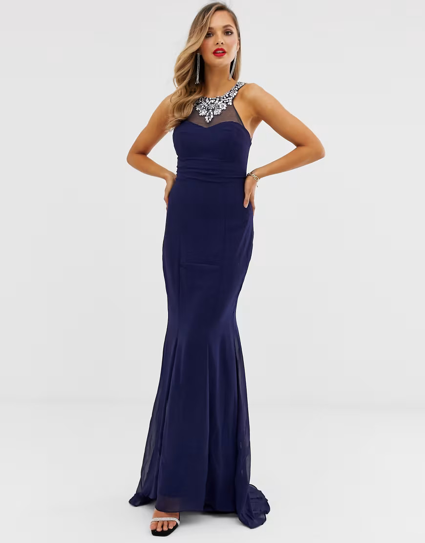 City Goddess embellished chiffon maxi dress-Navy | ASOS (Global)