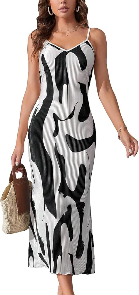 OYOANGLE Women's All Over Print Lettuce Trim Spaghetti Straps V Neck Cami Dress Straight Leg Midi... | Amazon (US)