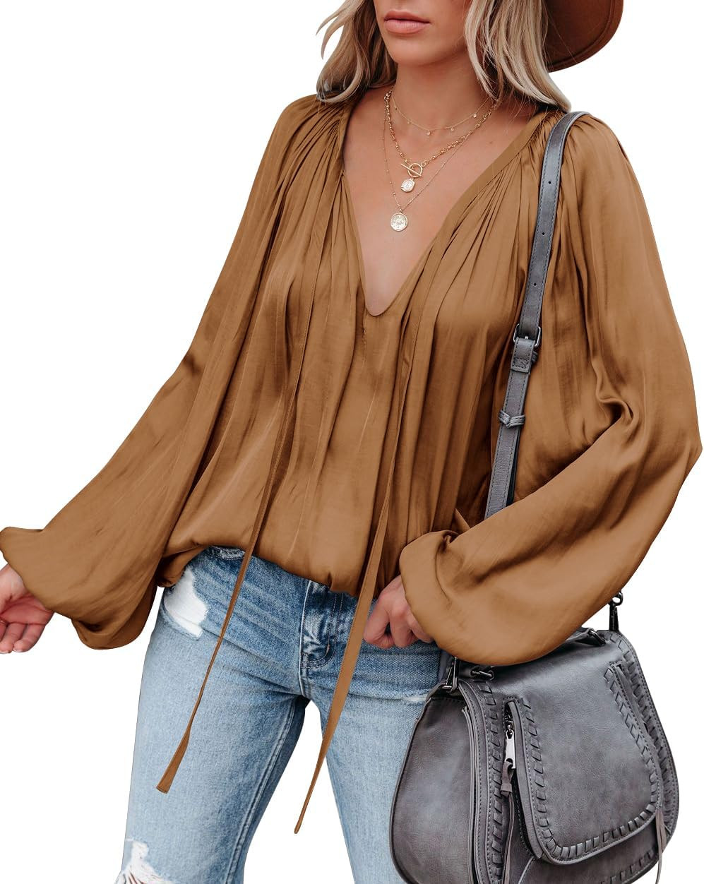 LAMISSCHE Womens Sexy Deep V Neck Blouse Bell Long Sleeve Satin Flowy Tops | Amazon (US)