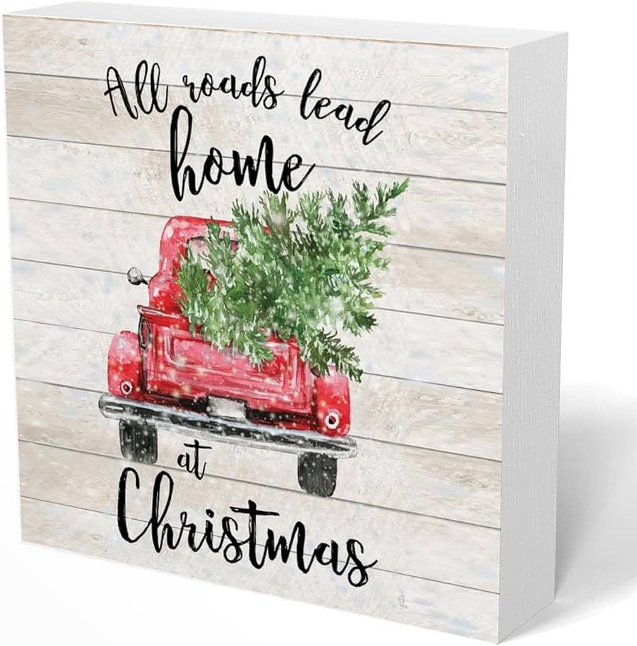 Rustic Christmas Decor, Red Truck with Christmas Tree Wooden Box Sign Decor Gift for Women Men, F... | Amazon (US)