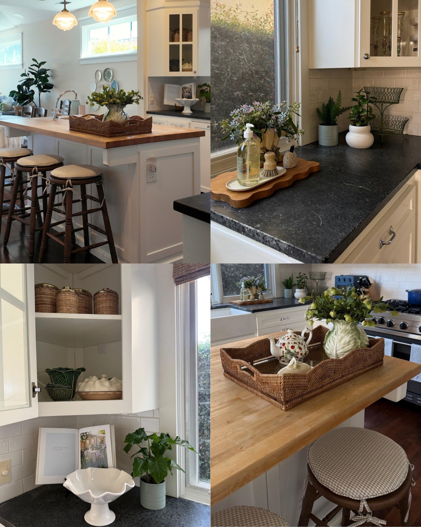 The kitchen:
Check out the full home makeover process on my YouTube channel!

coastal cottage kitchen makeover, blue green and white kitchen, coastal cottage kitchen, coastal kitchen decor, coastal kitchen makeover, kitchen makeover ideas, cottage kitchen design, classic coastal kitchen, California coastal kitchen, Southern California home makeover, coastal cottage home renovation, white kitchen cabinets, white shaker cabinets, butcher block kitchen island, butcher block island countertop, wood kitchen island, white kitchen island, black kitchen countertops, dark stone countertops, white subway tile backsplash, traditional coastal kitchen, English cottage kitchen, cottage style kitchen decor, coastal kitchen styling, kitchen counter decor, kitchen island styling, rattan kitchen tray, wicker serving tray, woven basket kitchen decor, gingham bar stool cushions, wooden bar stools, kitchen island seating, potted plants kitchen decor, green kitchen accessories, blue green home decor, white kitchen styling, cottage kitchen accessories, open kitchen shelving, kitchen cabinet organization, coastal cottage interior design, interior designer home makeover
