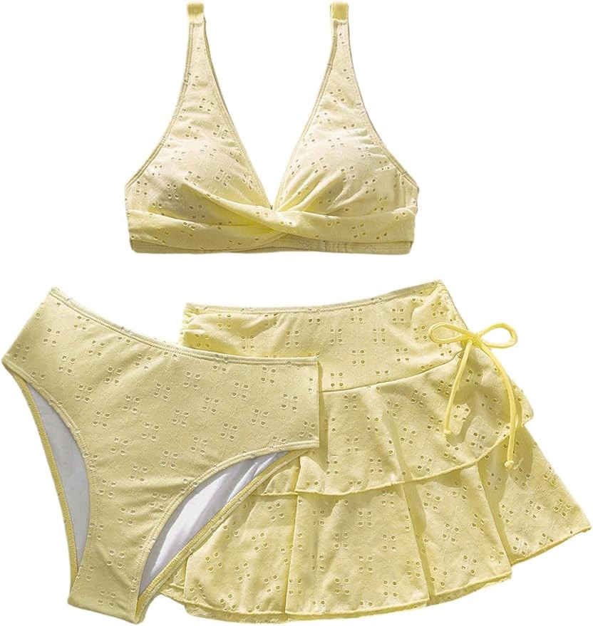 Verdusa Women's 3 Piece High Waisted Bikini Sets Eyelet Swimsuits with Cover Up Skirt Vacation Ou... | Amazon (US)