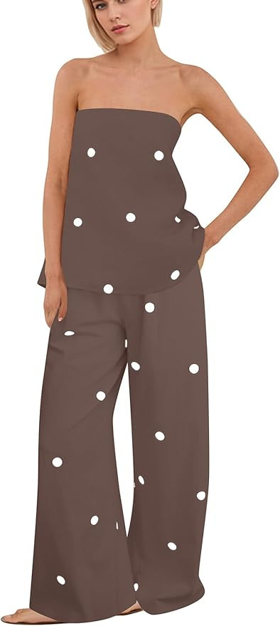 Women Polka Dot 2 Piece Outfits Spot Strapless Tube Top High Waist Wide Leg Pants Lounge Set Summ... | Amazon (US)