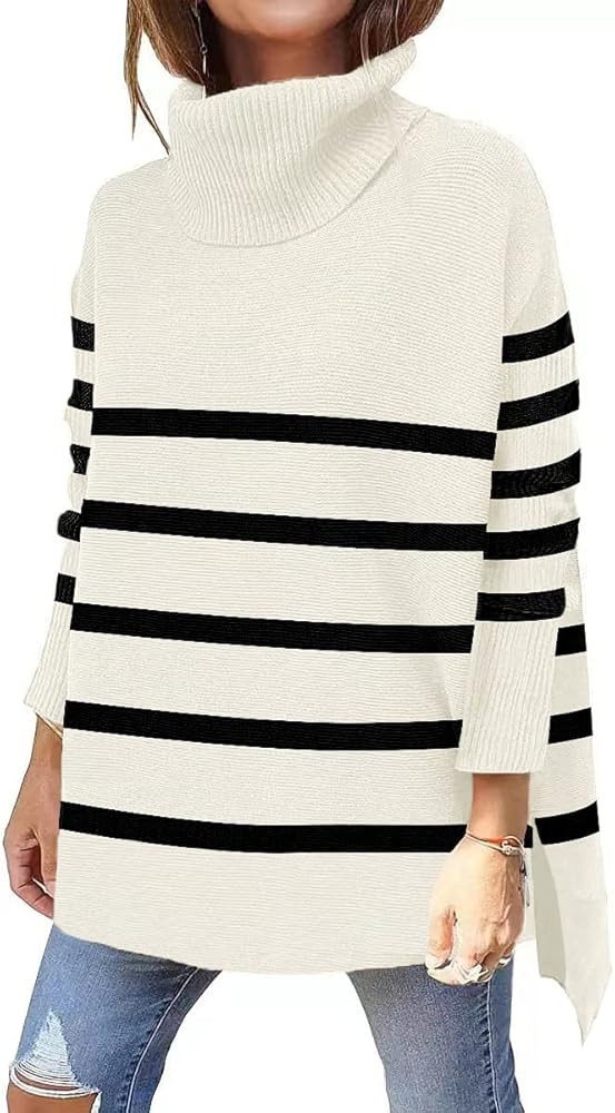 OU MgCE FAST FASHION Women's Turtleneck Oversized Sweaters Long Sleeve Split Hem Striped Knit Pul... | Amazon (US)