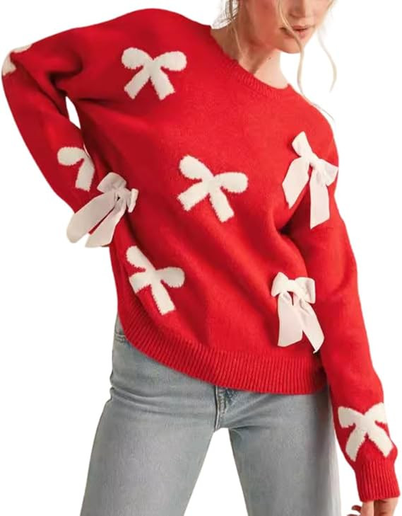 Women's Y2K Fuzzy Bow Tie Print Sweater Crew Neck Long Sleeve Loose Knitted Pullover Sweater Prep... | Amazon (US)