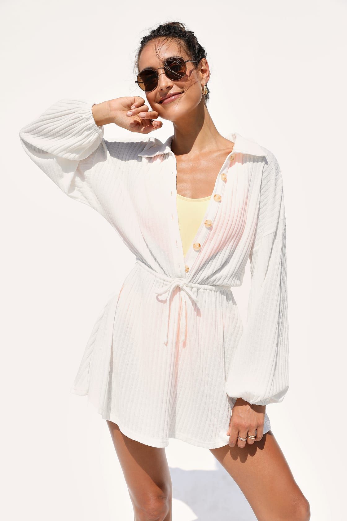 Oasis Awaits White Ribbed Button-Up Mini Swim Cover-Up | Lulus