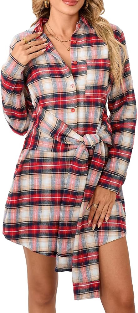 Flannel Plaid Dresses for Women Christmas Tie Front Long Sleeve Tunic Button Down Shirt Mini Dres... | Amazon (US)