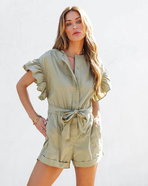 Marianne Ruffle Pocketed Romper - Olive | VICI