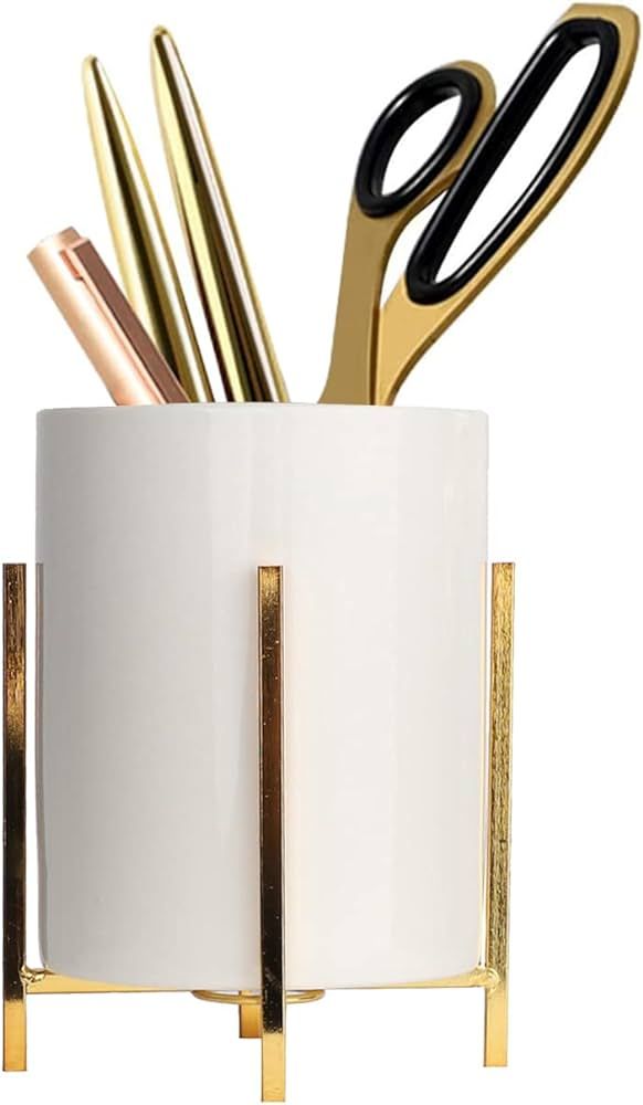 Gold pencil cup Sturdy metal frame with white ceramic pen holder For desks and kitchen appliance ... | Amazon (US)