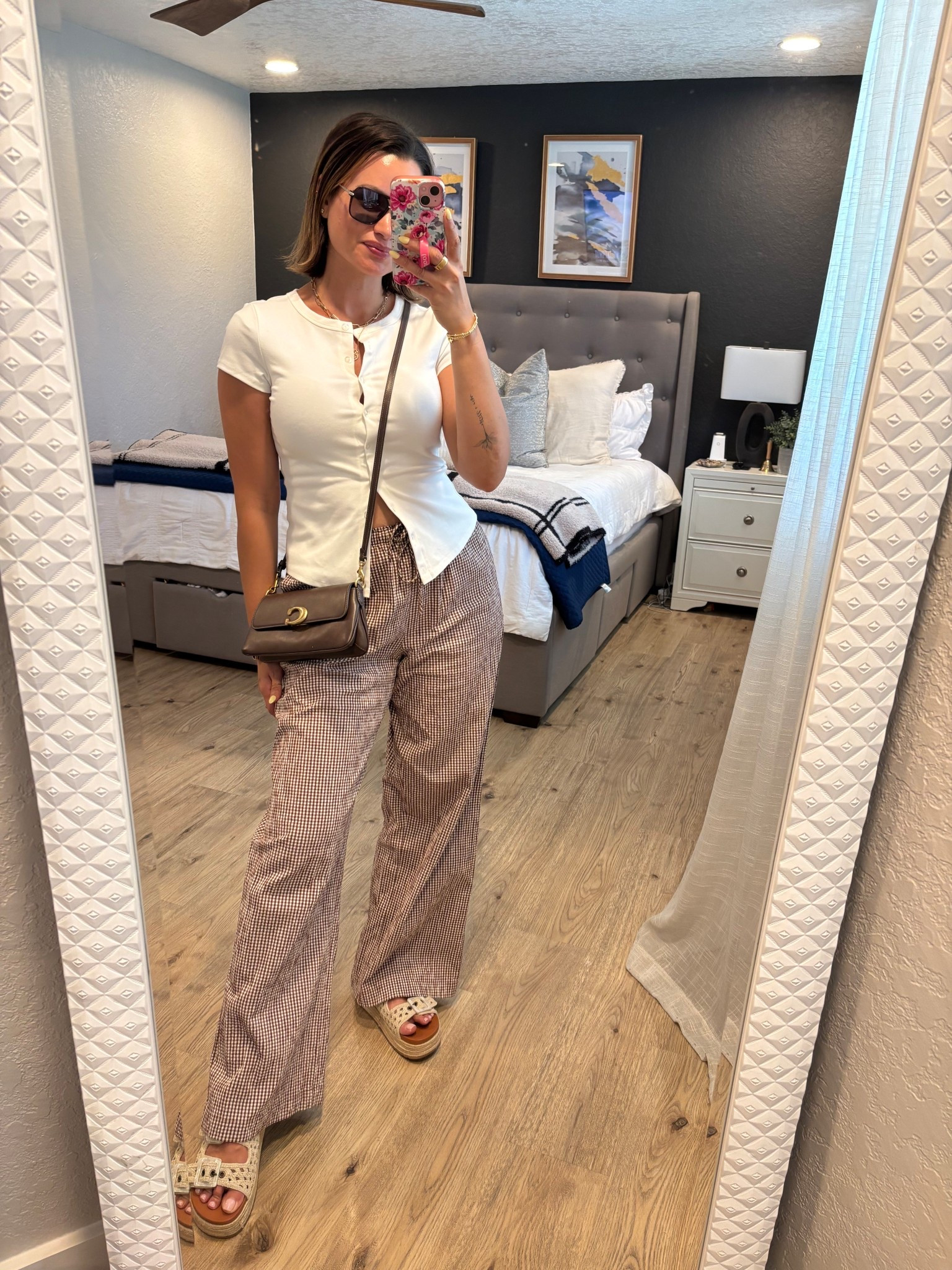 Today’s ootd, wearing the cutest brown gingham pull on pants. My white button down top comes in several colors and is only $15! And those woven cream sandals are so comfortable! Can be worn with so many spring and summer outfits!

#LTKgrwm #LTKootd #LTKdayinmylife
