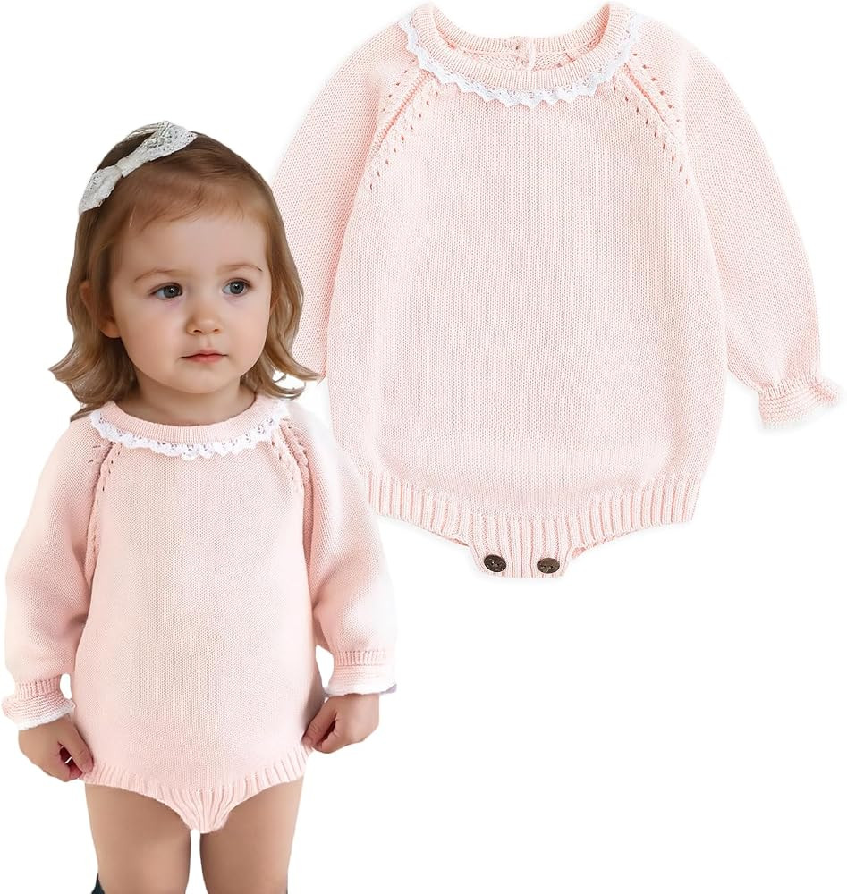Simplee kids Baby Girl Sweater Romper, Long Sleeve Lace Trim Neck | Amazon (US)