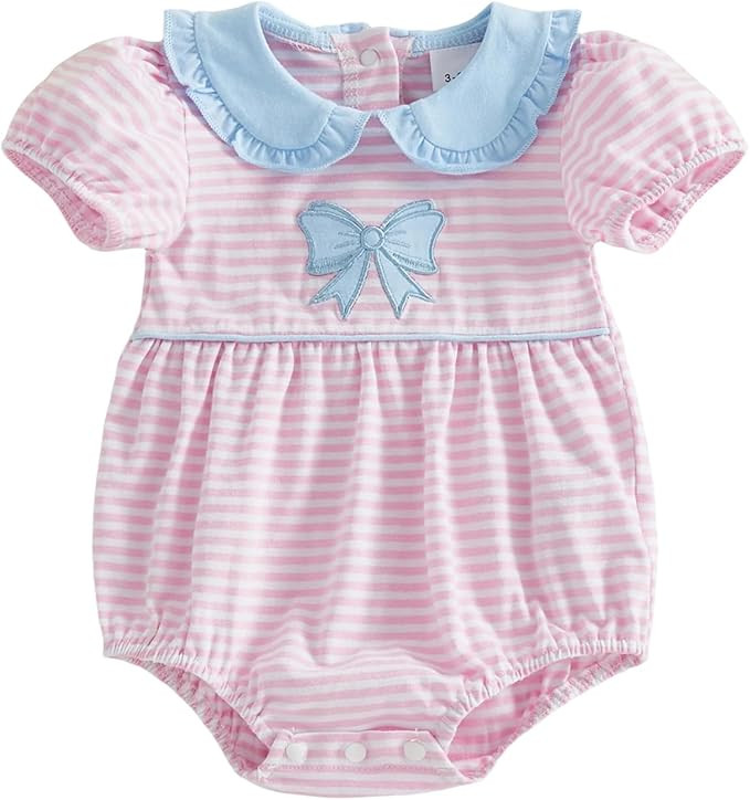Newborn Baby Girl Summer Clothes Short Sleeve Bubble Romper Bow Embroidery Smocked Outfits Infant... | Amazon (US)