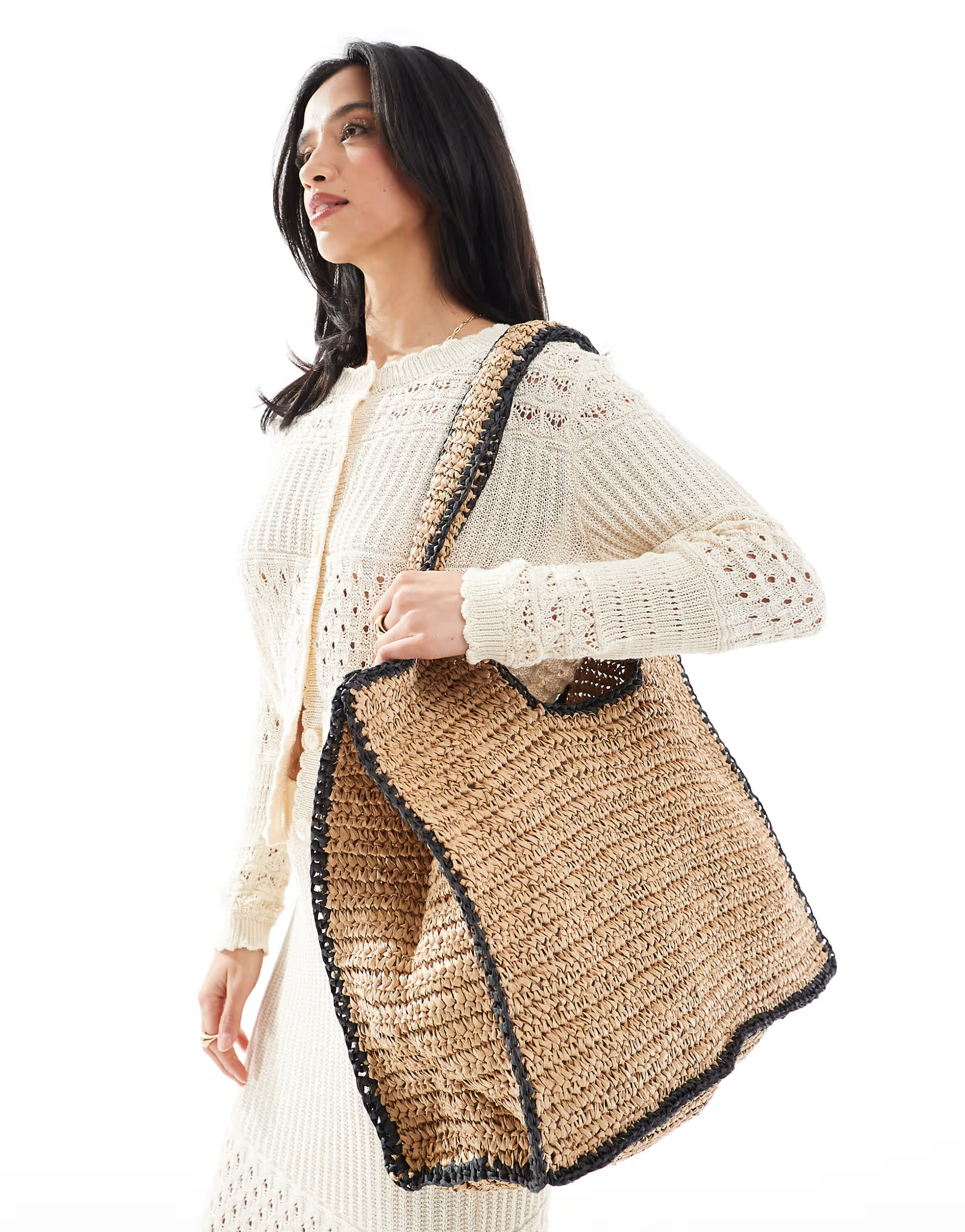 ASOS DESIGN straw crochet oversized tote bag in neutral with contrast edge detail | ASOS (Global)