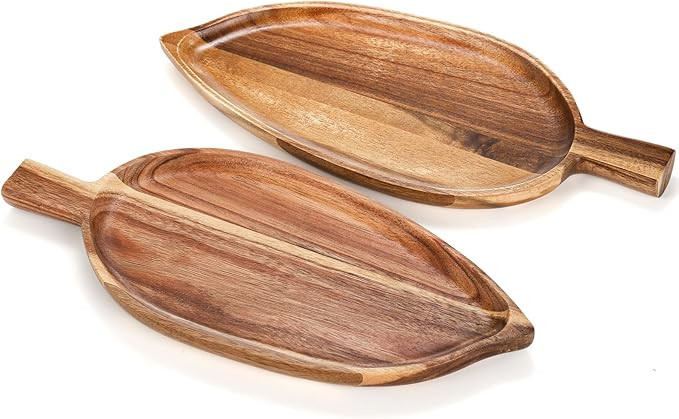 Youeon 2 Pcs Acacia Wood Serving Platters, 13" x 5.5" Leaf Shaped Food Serving Trays for Entertai... | Amazon (US)