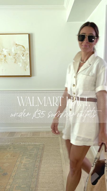 Walmart haul. Summer outfits all under $35 linen romper, I styled it with a belt. Runs tts. wearing size XS. Crochet striped sleeveless top. Runs tts wearing size xS paired with high rise sailor shorts ( run small. Wearing size 2) also paired with navy high rise Sailor skirt runs tts. Wearing size 0. White dress with black contrast. Runs tts  wearing size xs. Terry cloth top and short set. Wearing size xS in both. Run tts  

#LTKstyletip #LTKSeasonal #LTKunder50