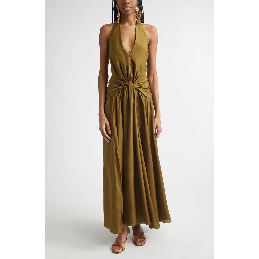 Zimmermann Indra Plunge Halter Silk Maxi Dress in Olive at Nordstrom, Size 2 | Nordstrom