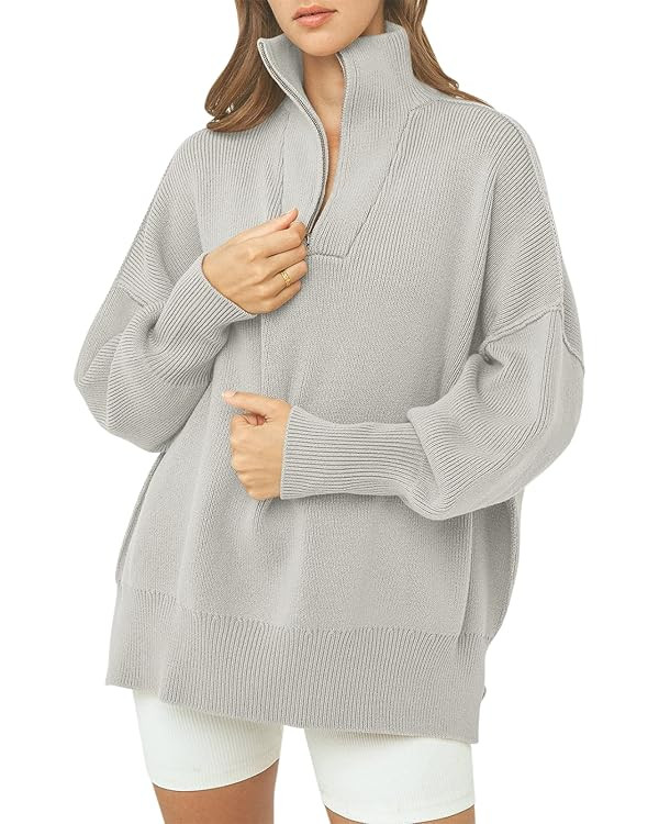 ANRABESS Women's Long Sleeve 1/4 Zipper Collar Drop Shoulder Oversized Slouchy Sweatshirt Pullove... | Amazon (US)