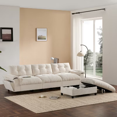 Modular 4-Seat Sectional Sofa with Storage Ottoman, Cup Holders, USB & Type-C Charging, Tufted Cushions, Armrest Storage, Soft Upholstery, Beige | Target