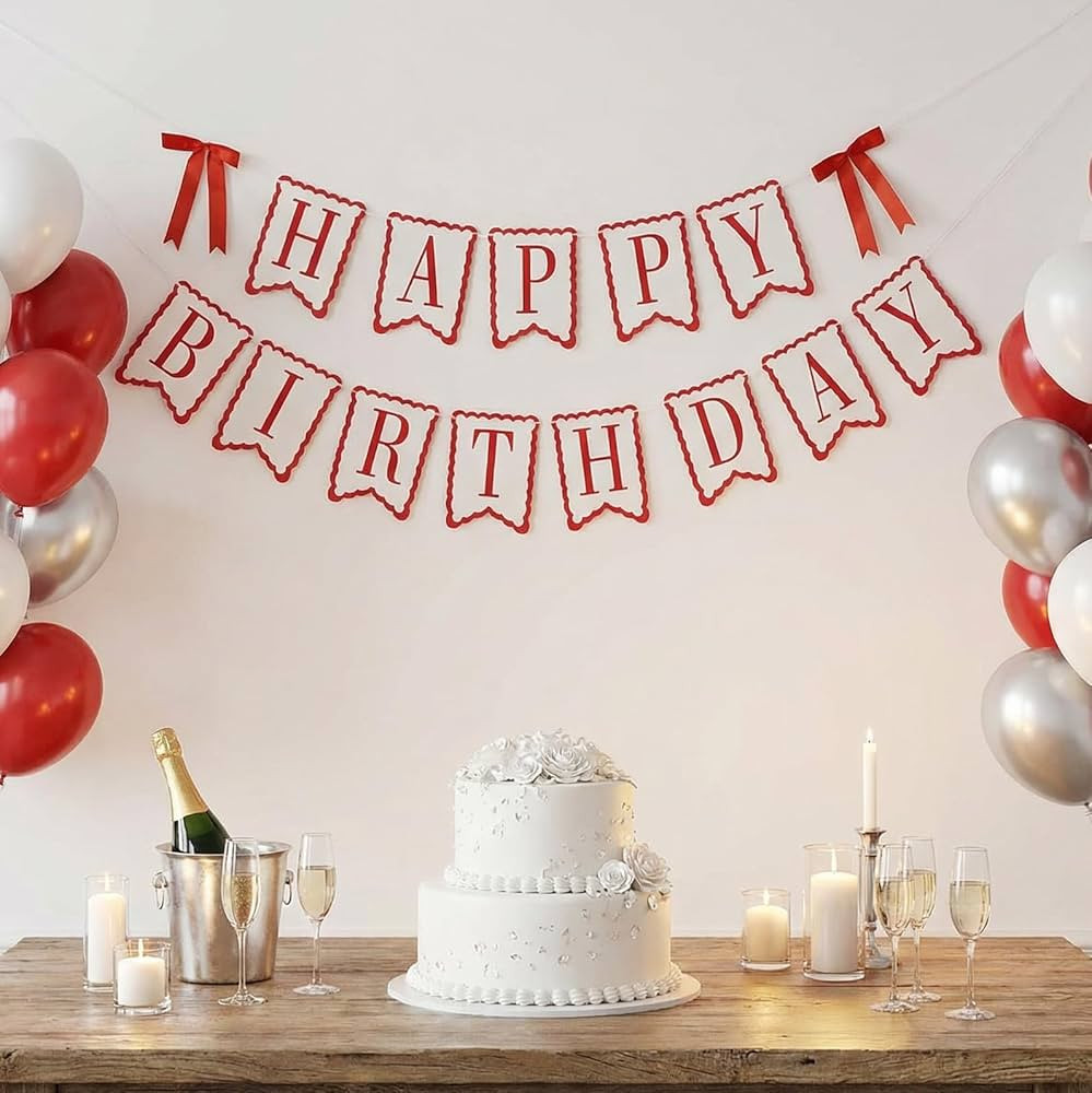 Happy Birthday Banner, Red White Scalloped Edge Birthday Sign with Satin Bows, Easy to Assemble B... | Amazon (US)