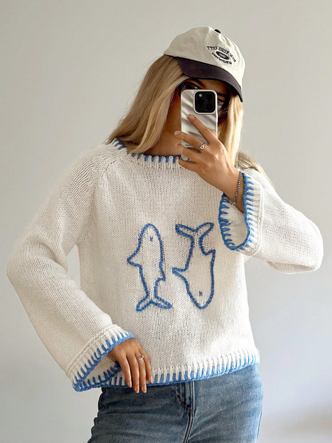 Forever 21 Fall & Winter Women White Bule Knit/Crew Neck Sweater/Long Sleeves/Back To School/Homc... | SHEIN