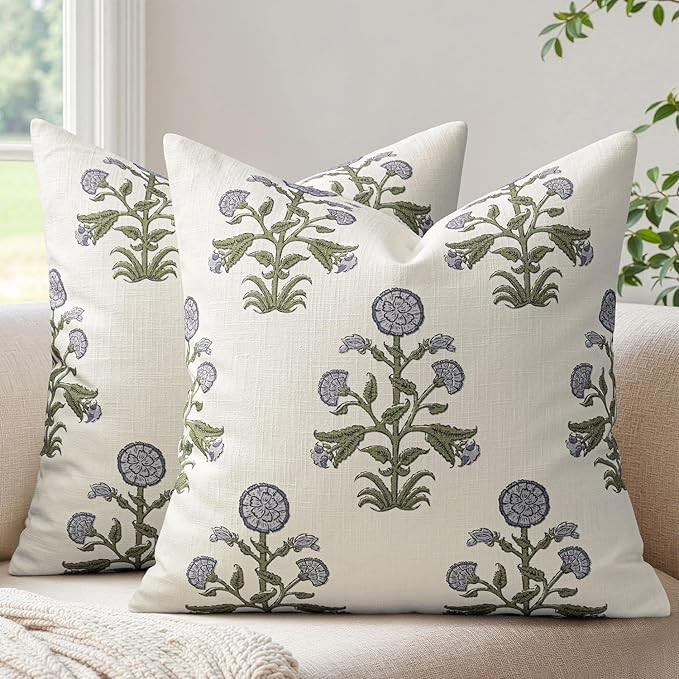 MIULEE Set of 2 Vintage Pillow Covers Neutral Decorative Floral Throw Pillows Block Print Boho Fa... | Amazon (US)