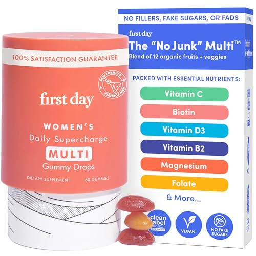 FIRST DAY Women's Methylated Multivitamin Gummies – A, B1, B2, B6, B9, B12, C, D3, E, K2 + Methylfolate, Magnesium, Zinc, Biotin – Vegan, Organic Blend, Low Sugar – Hair, Skin, & Energy Aid – 30 Day | Amazon (US)