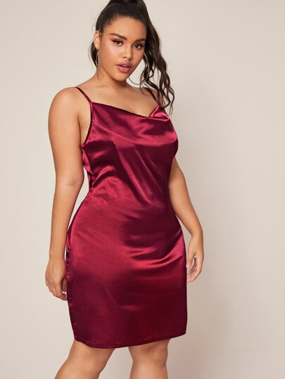 SHEIN Plus Draped Neck Satin Slip Dress | SHEIN