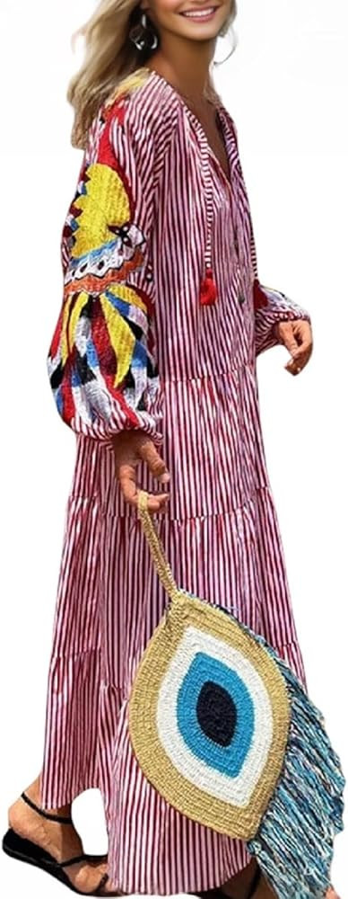 Women Boho Maxi Dress Vintage Graphic Long Sleeve Loose Flowy Dress Casual Floral Print Swing Dre... | Amazon (US)