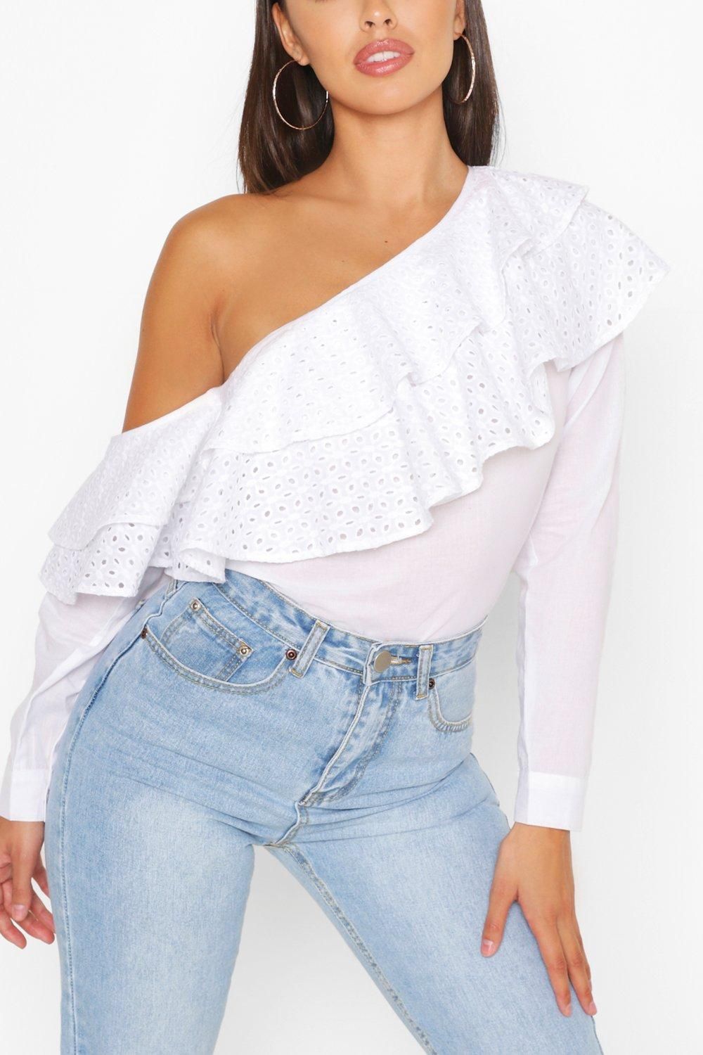 Womens Broderie Anglaise Ruffle One Shoulder Top - White - 10 | Boohoo.com (US & CA)